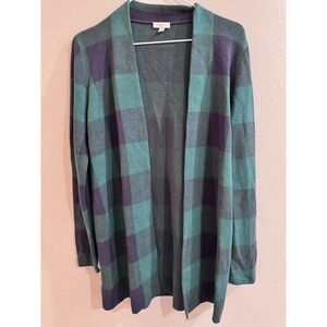 Talbots Womens Cotton Blend Open Front Green Tartan Plaid Cardigan Sweater Small
